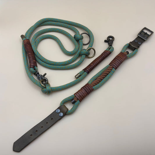 Set Hundehalsband und Leine Tau / Leder