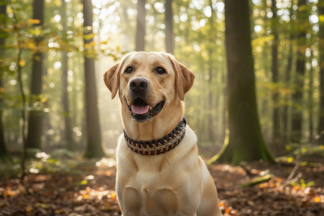 Labrador mit Paracord-Halsband im Wald